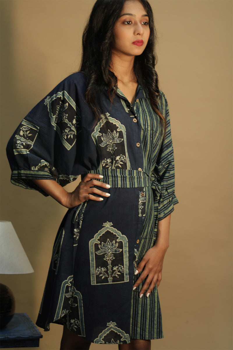 Maati | Belted Shirt Dress | Sea green Jharokha & Stripes Ajrakh