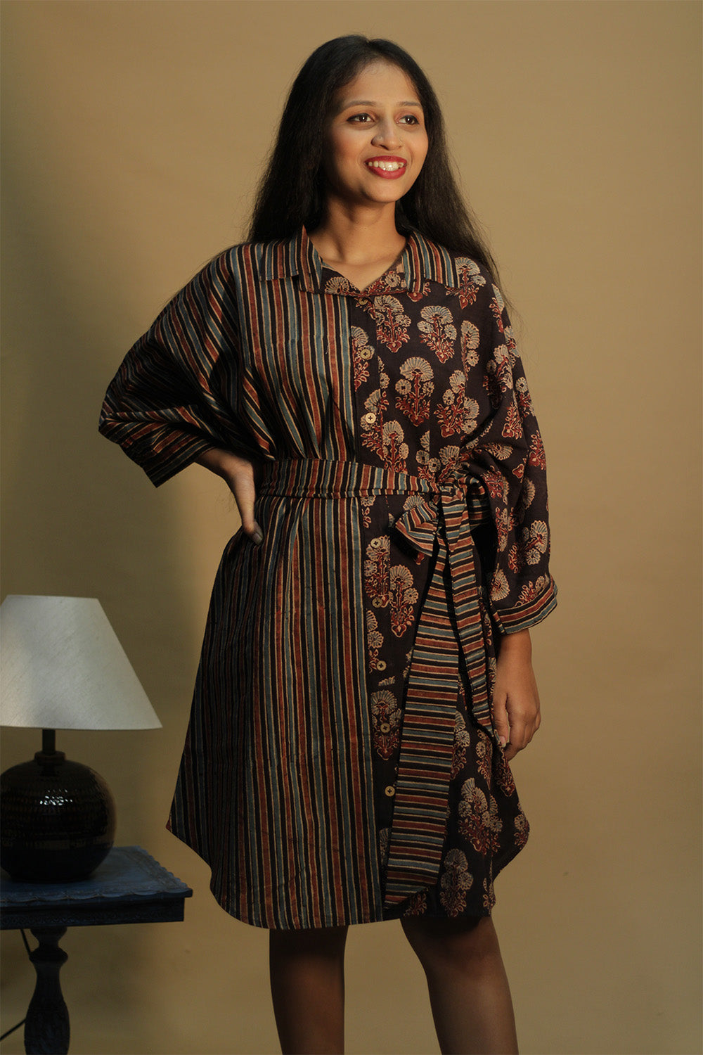 Dhaariyan | Maati | Belted Shirt Dress | Noir  Floral & Stripes Ajrakh