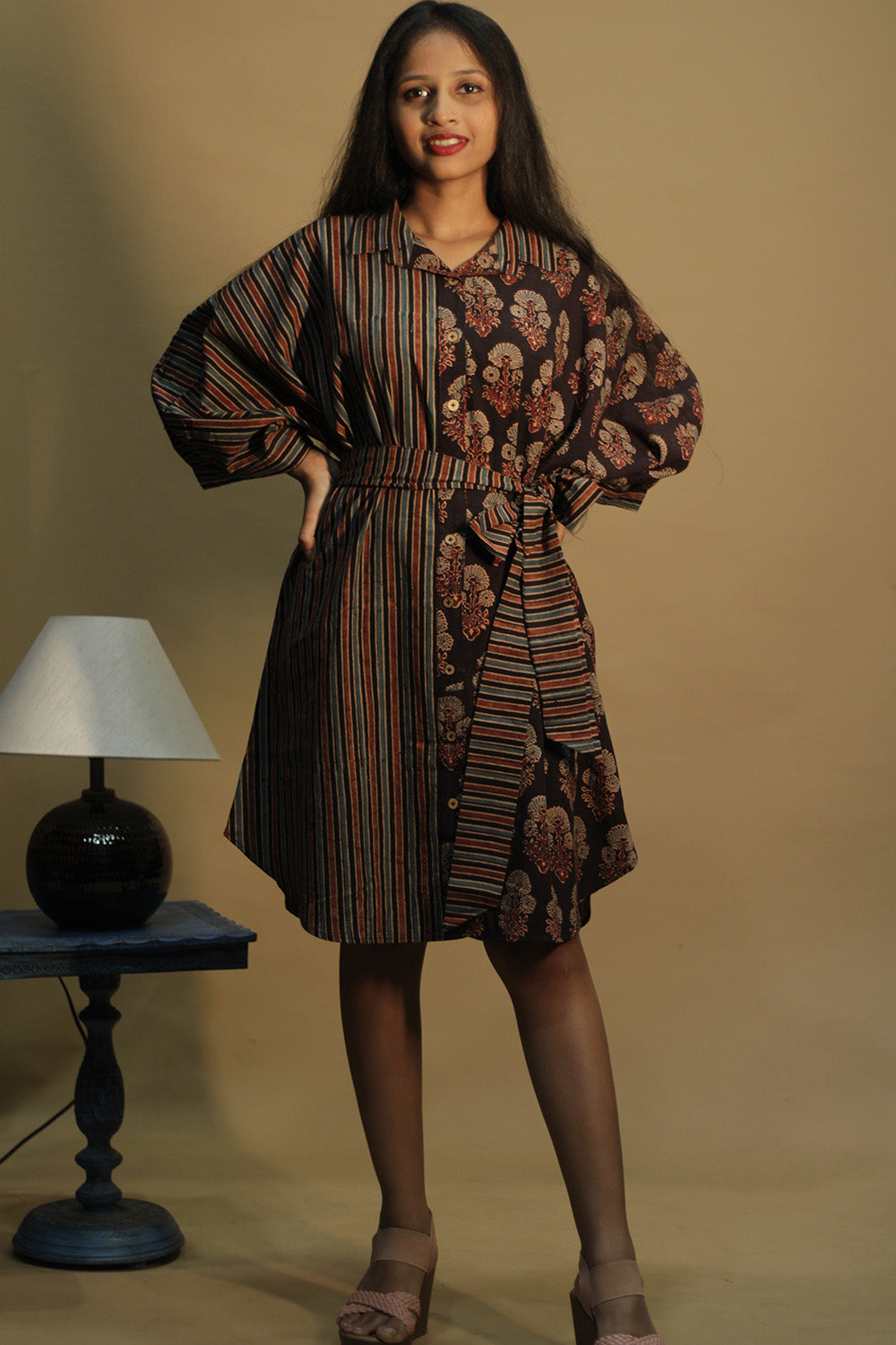 Dhaariyan | Maati | Belted Shirt Dress | Noir  Floral & Stripes Ajrakh