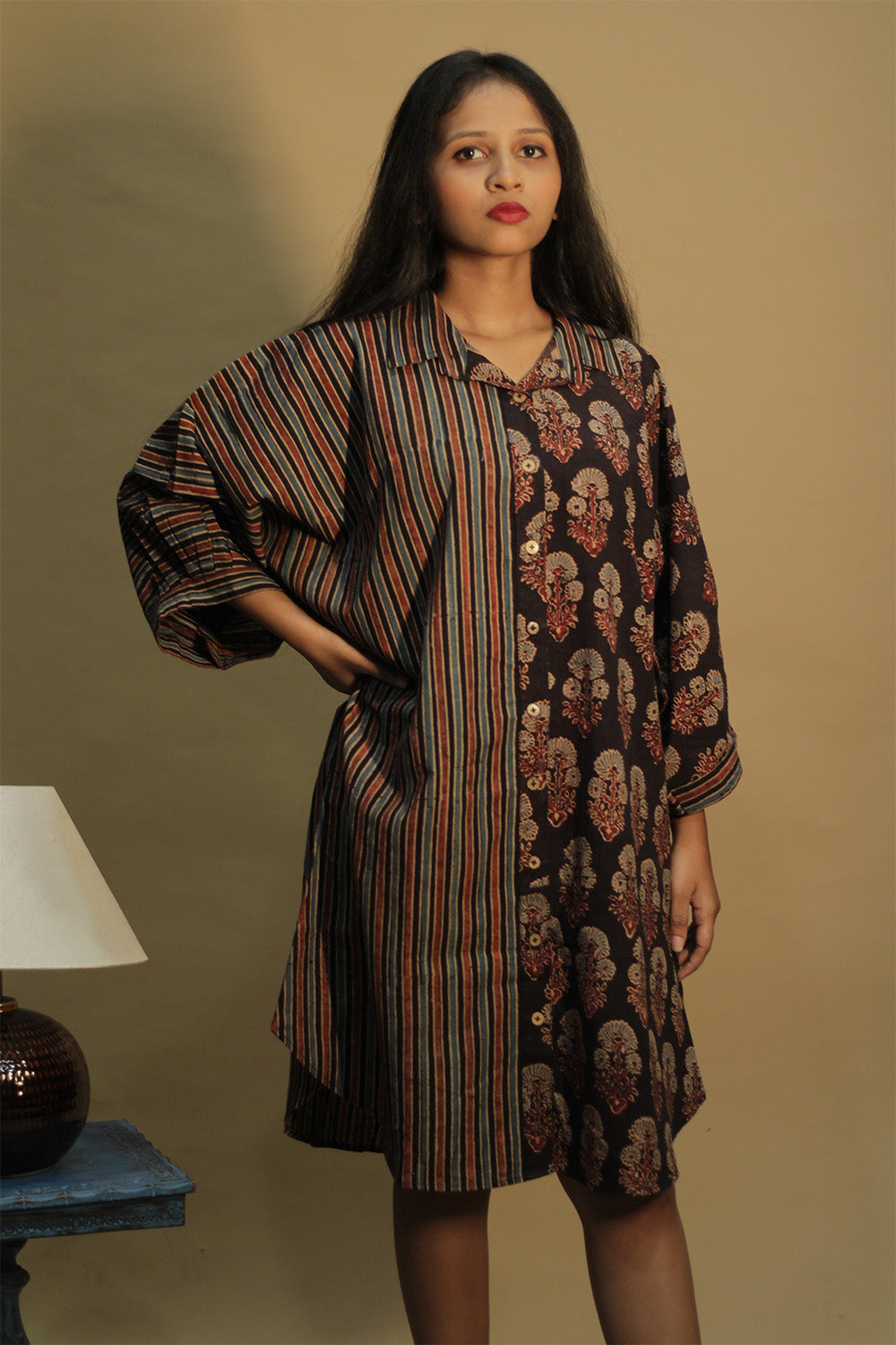 Dhaariyan | Maati | Belted Shirt Dress | Noir  Floral & Stripes Ajrakh