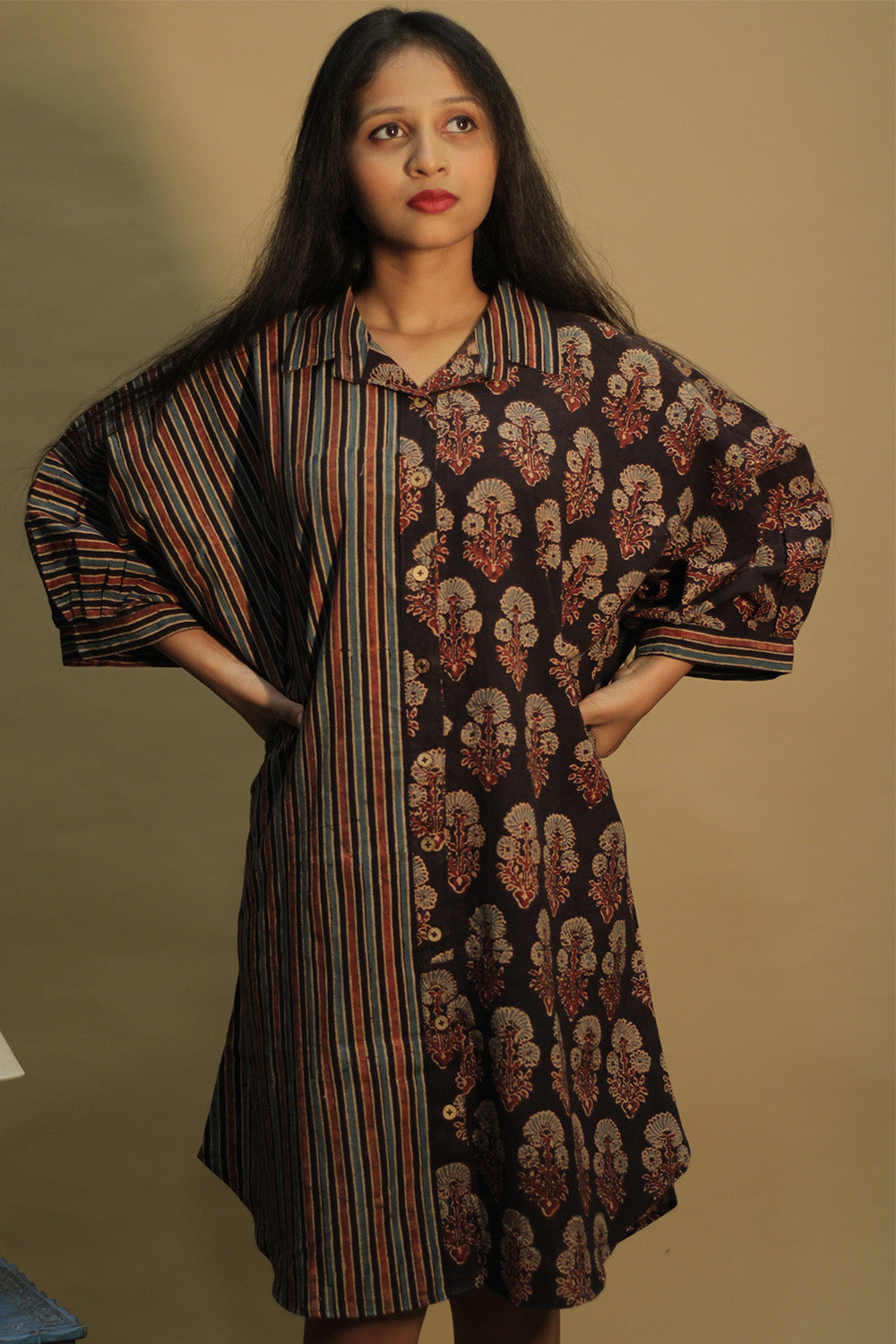 Dhaariyan | Maati | Belted Shirt Dress | Noir  Floral & Stripes Ajrakh