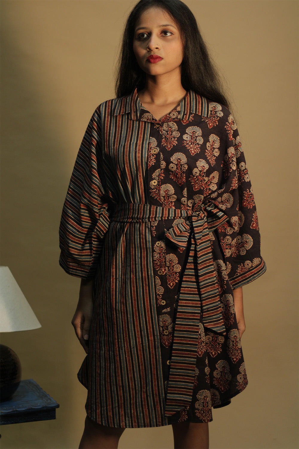 Dhaariyan | Maati | Belted Shirt Dress | Noir  Floral & Stripes Ajrakh