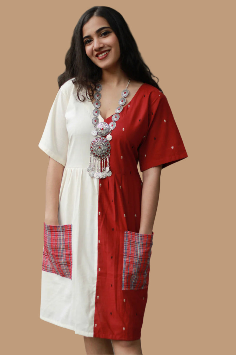 Cherry Frost | Short Dress | Handloom Cotton & Gamcha