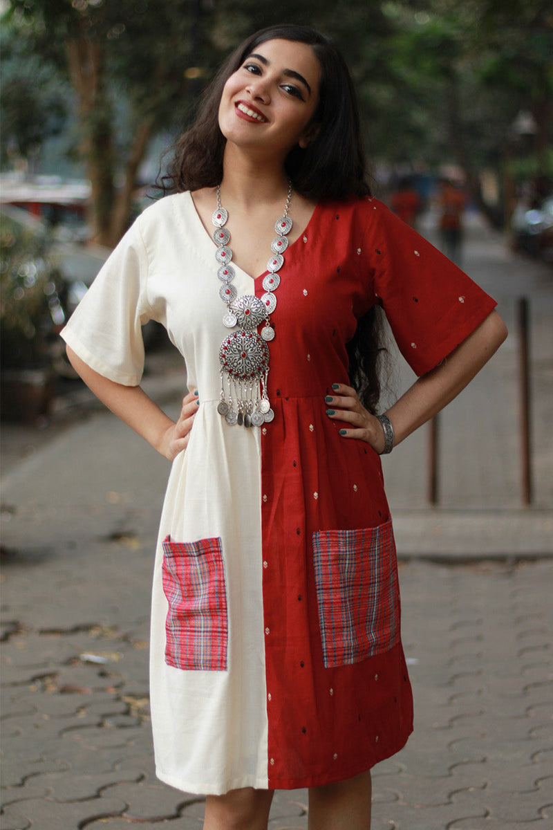 Cherry Frost | Short Dress | Handloom Cotton & Gamcha