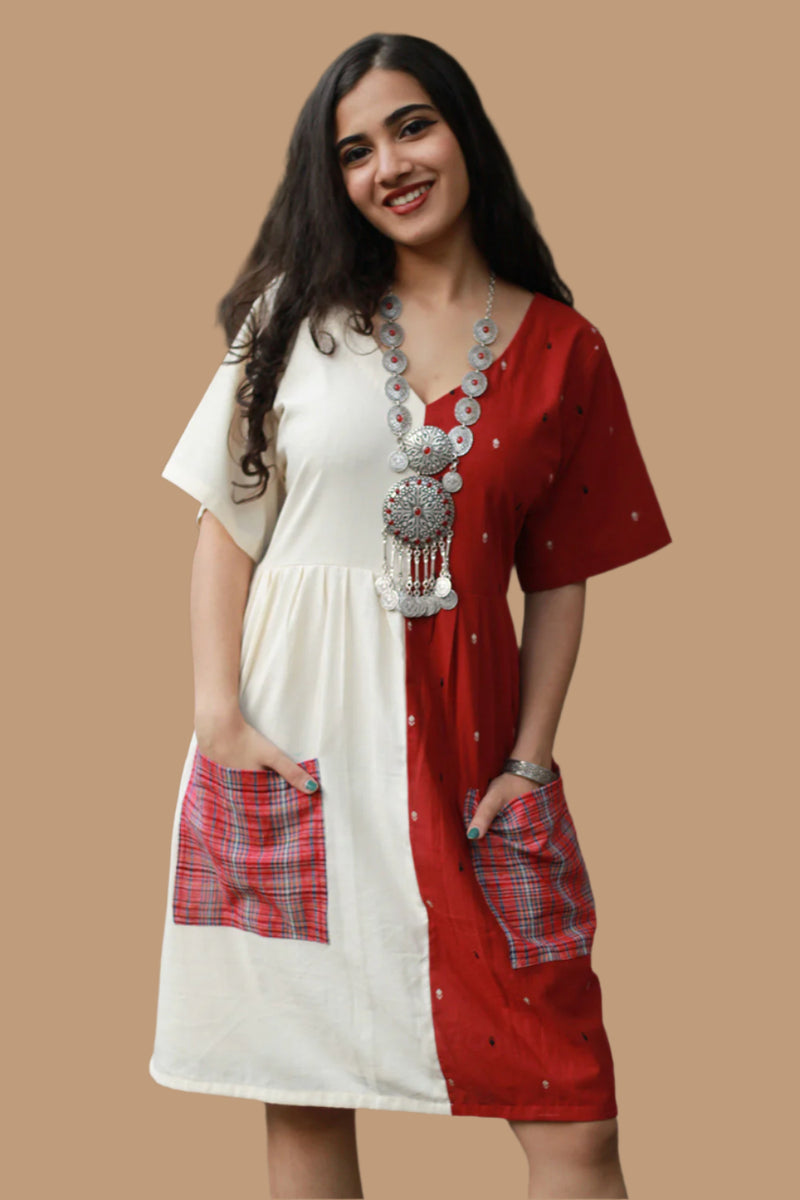 Cherry Frost | Short Dress | Handloom Cotton & Gamcha