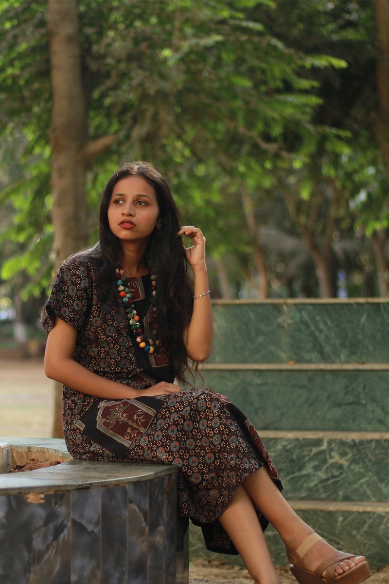 Sukoon | Midi Dress | Noir Universe with Jharokha Ajrakh