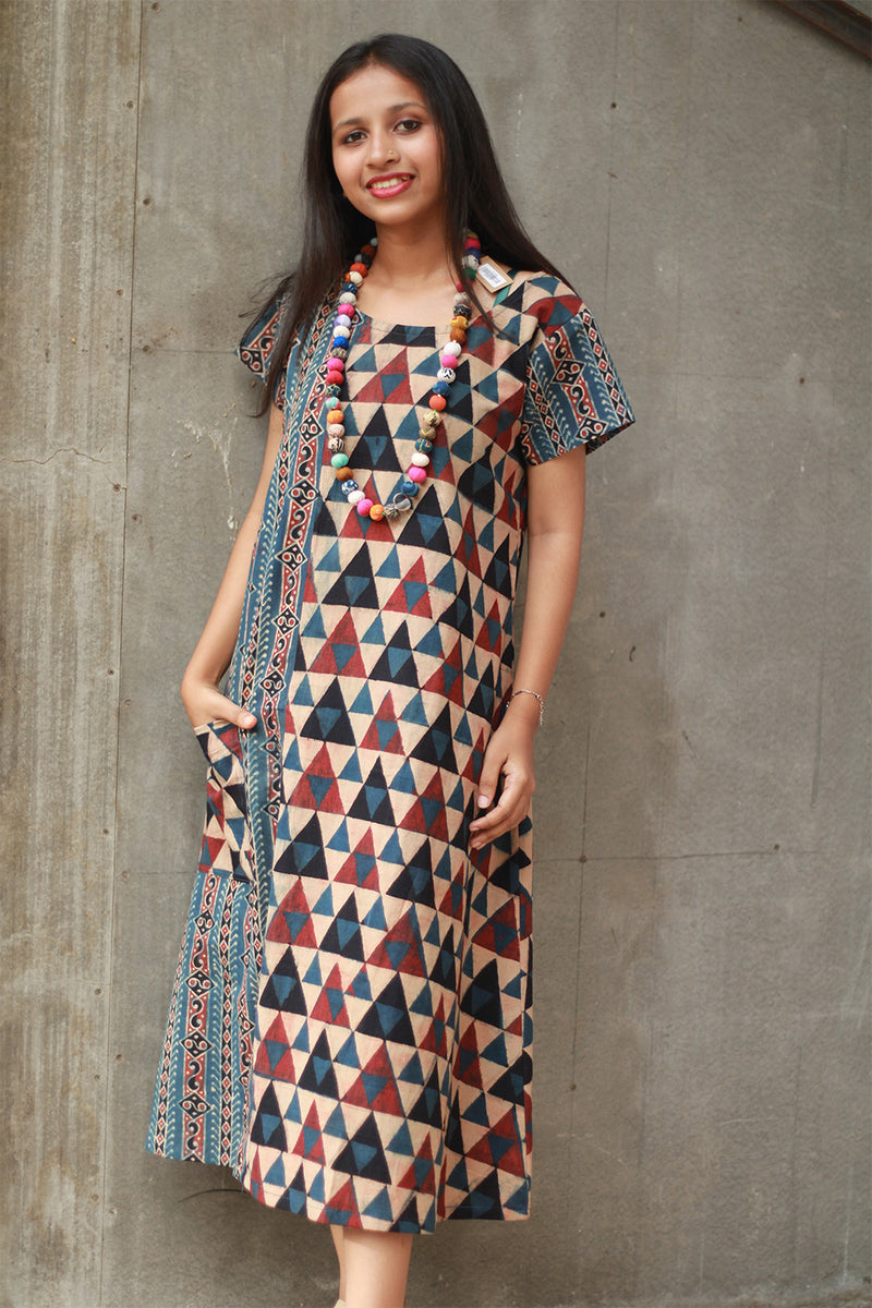 Sukoon | Midi Dress | Brown Trikon Ajrakh