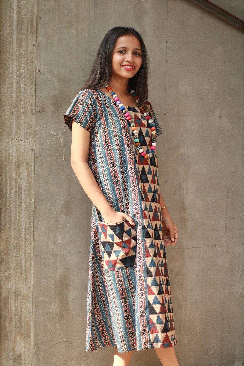 Sukoon | Midi Dress | Brown Trikon Ajrakh