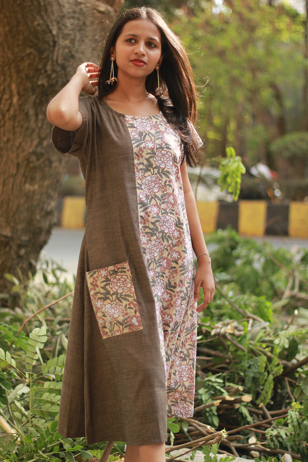 Sukoon | Midi Dress | Brown with Floral Sanganeri