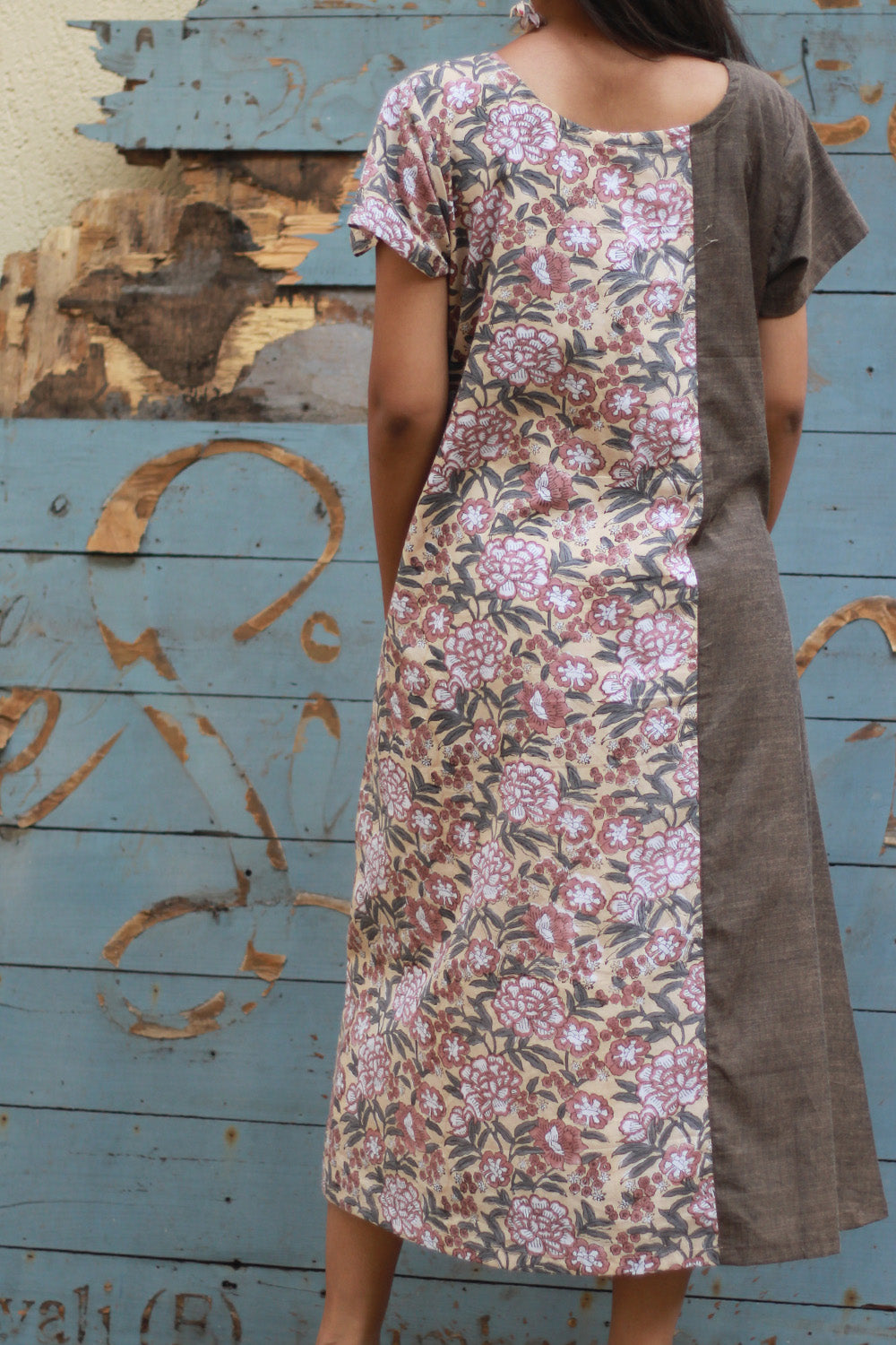 Sukoon | Midi Dress | Brown with Floral Sanganeri