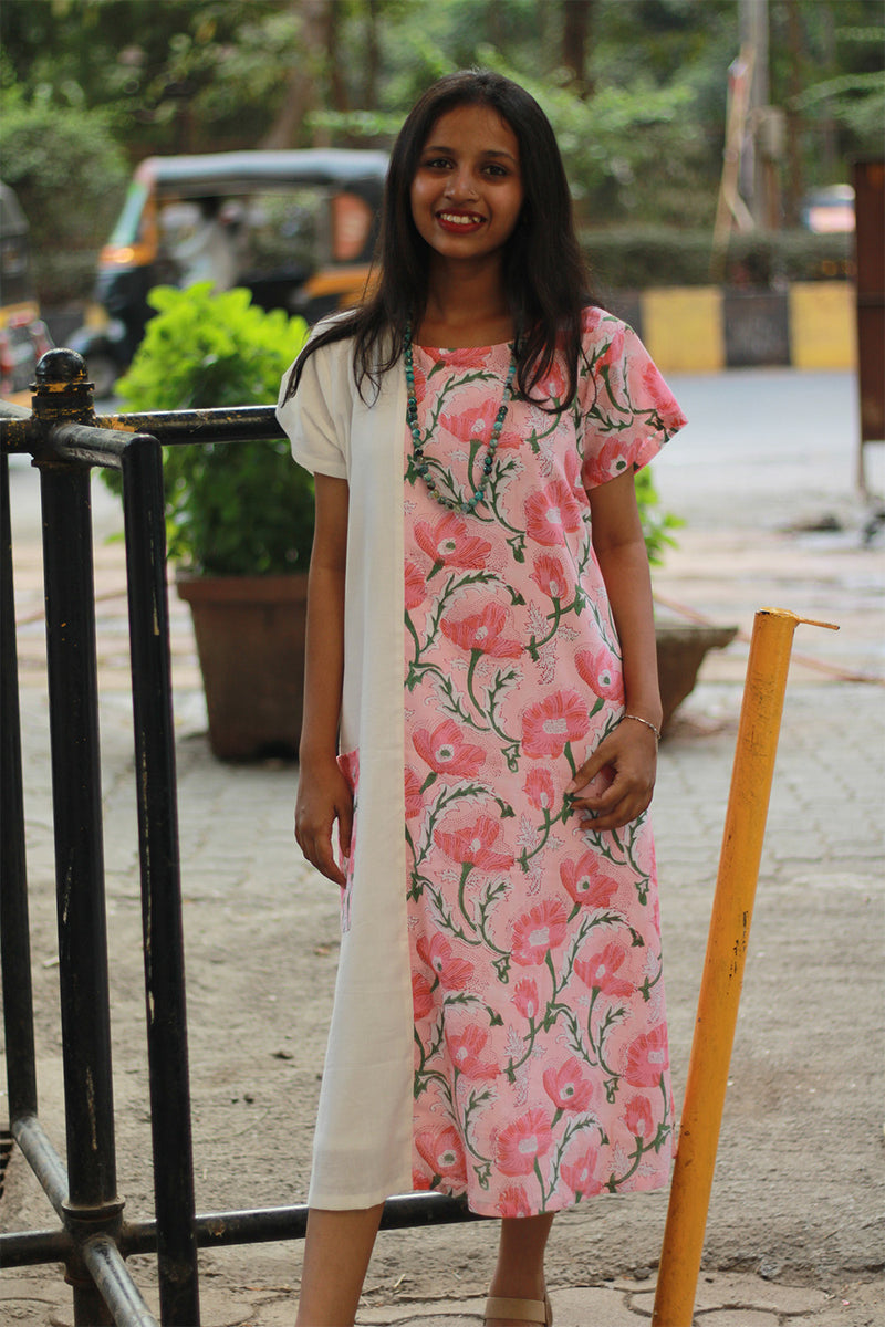 Sukoon | Midi Dress | White with Pink Floral Sanganeri