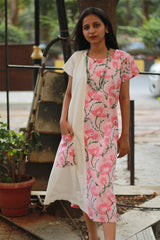 Sukoon | Midi Dress | White with Pink Floral Sanganeri