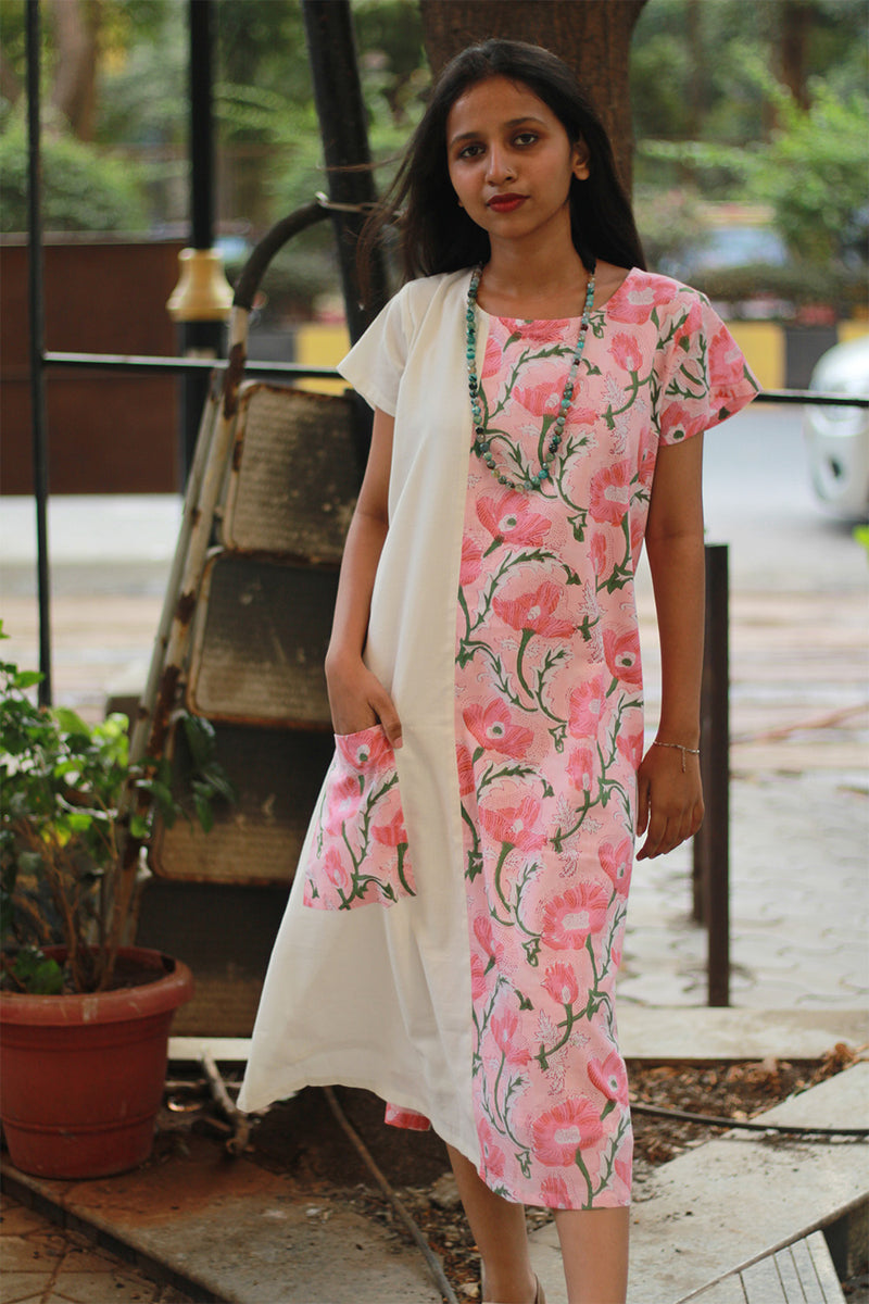 Sukoon | Midi Dress | White with Pink Floral Sanganeri