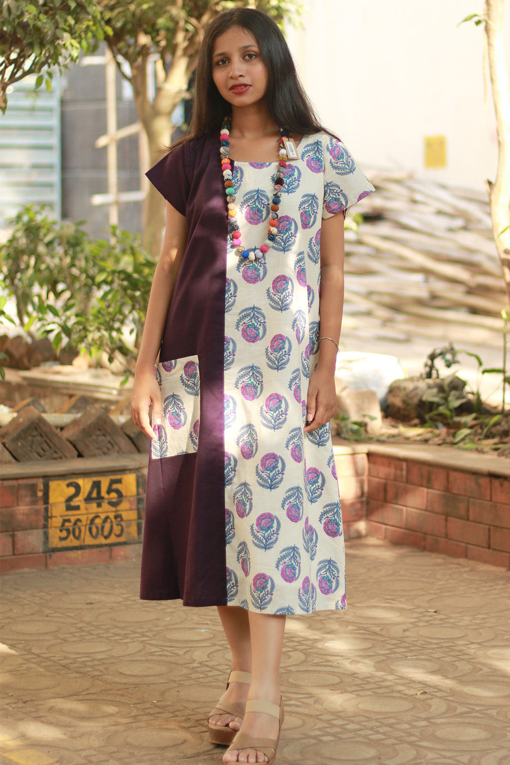 Sukoon | Midi Dress | Purple with Floral Sanganeri