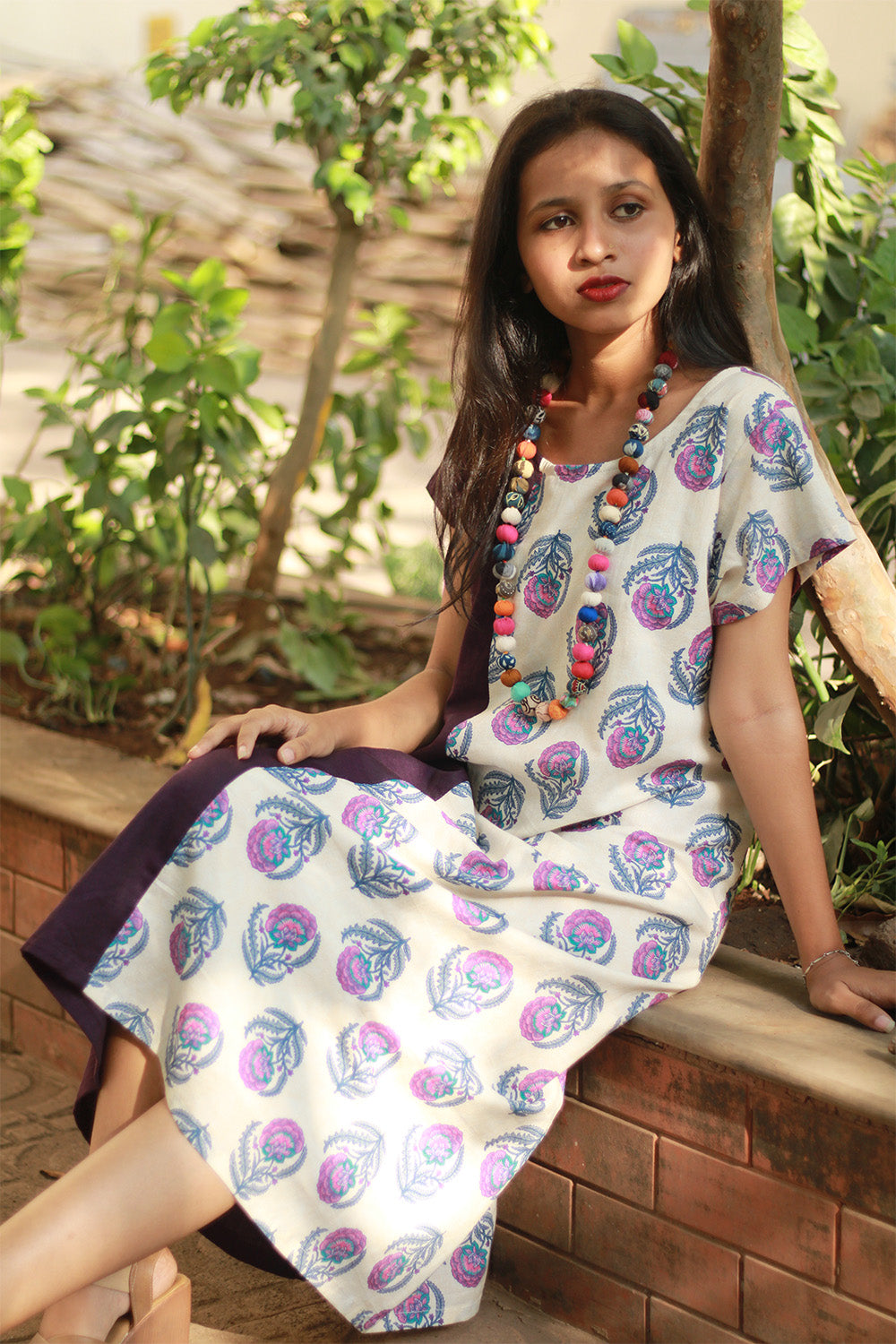 Sukoon | Midi Dress | Purple with Floral Sanganeri