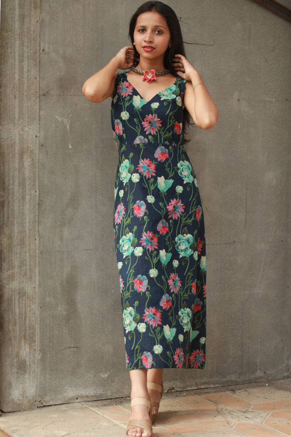 Mili | Sleeveless Dress | Navy Sanganeri