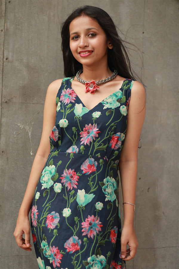 Mili | Sleeveless Dress | Navy Sanganeri