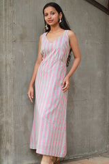 Mili | Sleeveless Dress | White and Peach Sanganeri