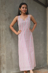 Mili | Sleeveless Dress | White and Peach Sanganeri