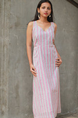 Mili | Sleeveless Dress | White and Peach Sanganeri