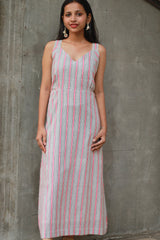 Mili | Sleeveless Dress | White and Peach Sanganeri