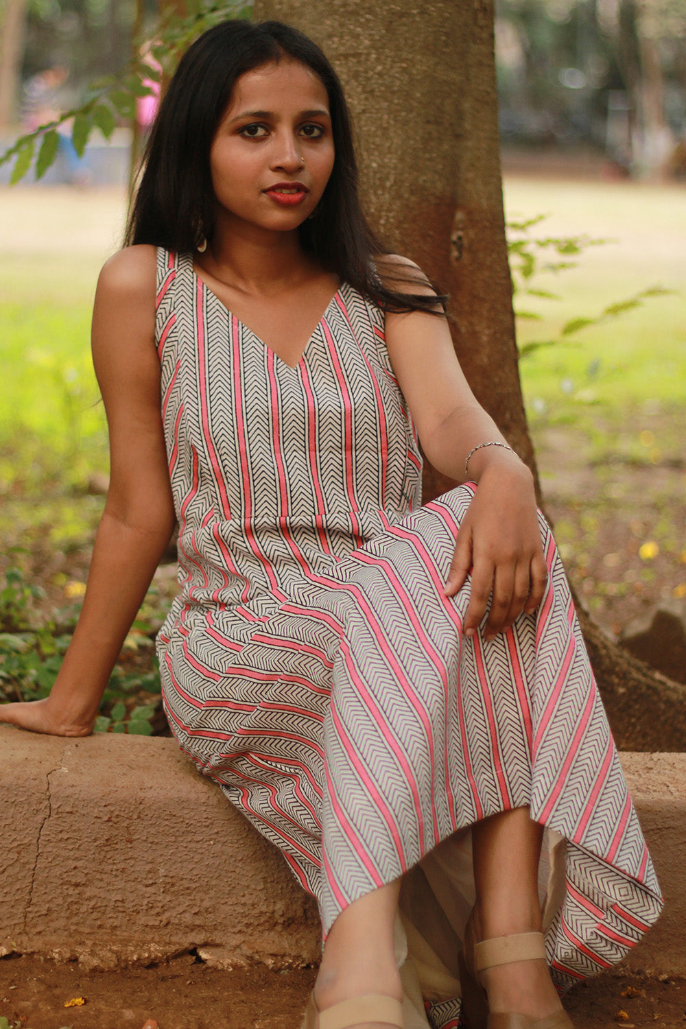 Mili | Sleeveless Dress | White and Peach Sanganeri