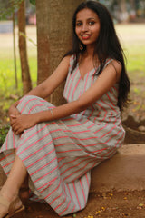 Mili | Sleeveless Dress | White and Peach Sanganeri