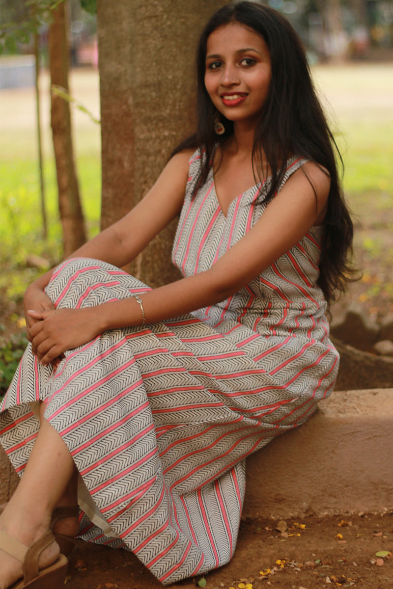 Mili | Sleeveless Dress | White and Peach Sanganeri