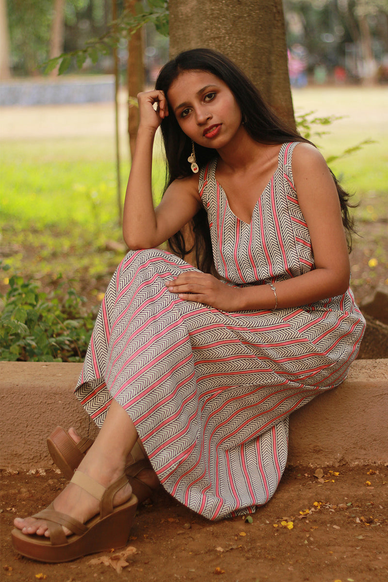 Mili | Sleeveless Dress | White and Peach Sanganeri