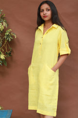 Collared Dress in Lemon Yellow Linen