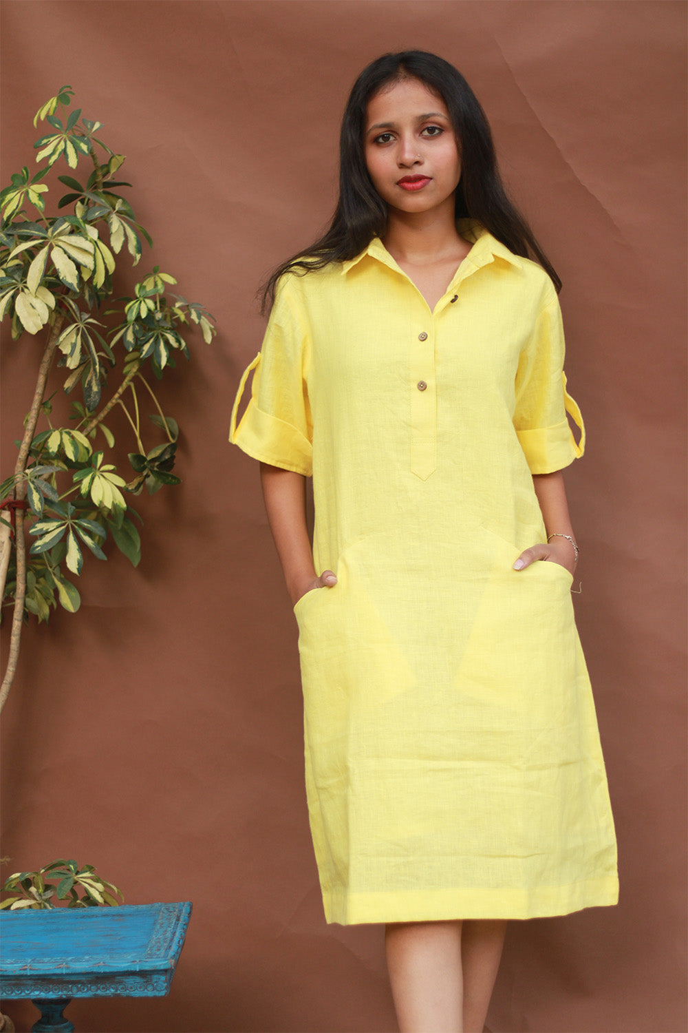 Collared Dress in Lemon Yellow Linen