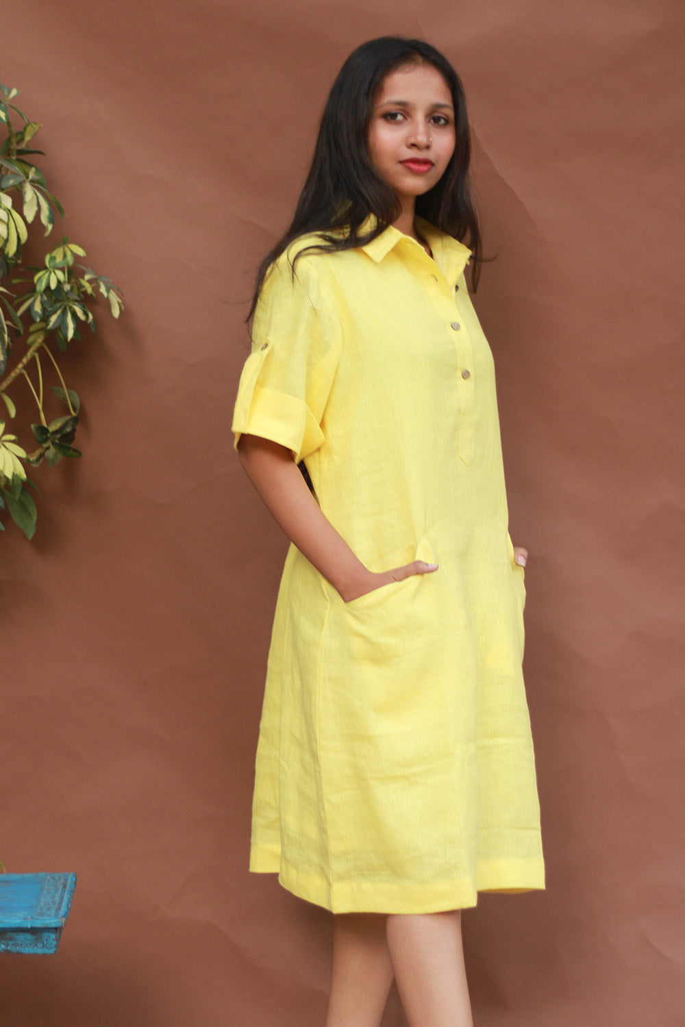 Collared Dress in Lemon Yellow Linen