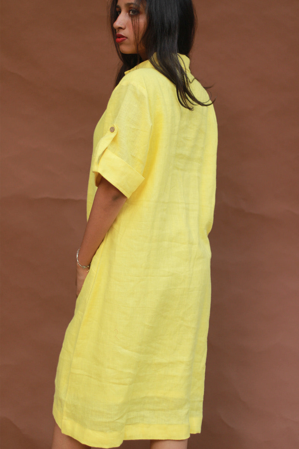Collared Dress in Lemon Yellow Linen