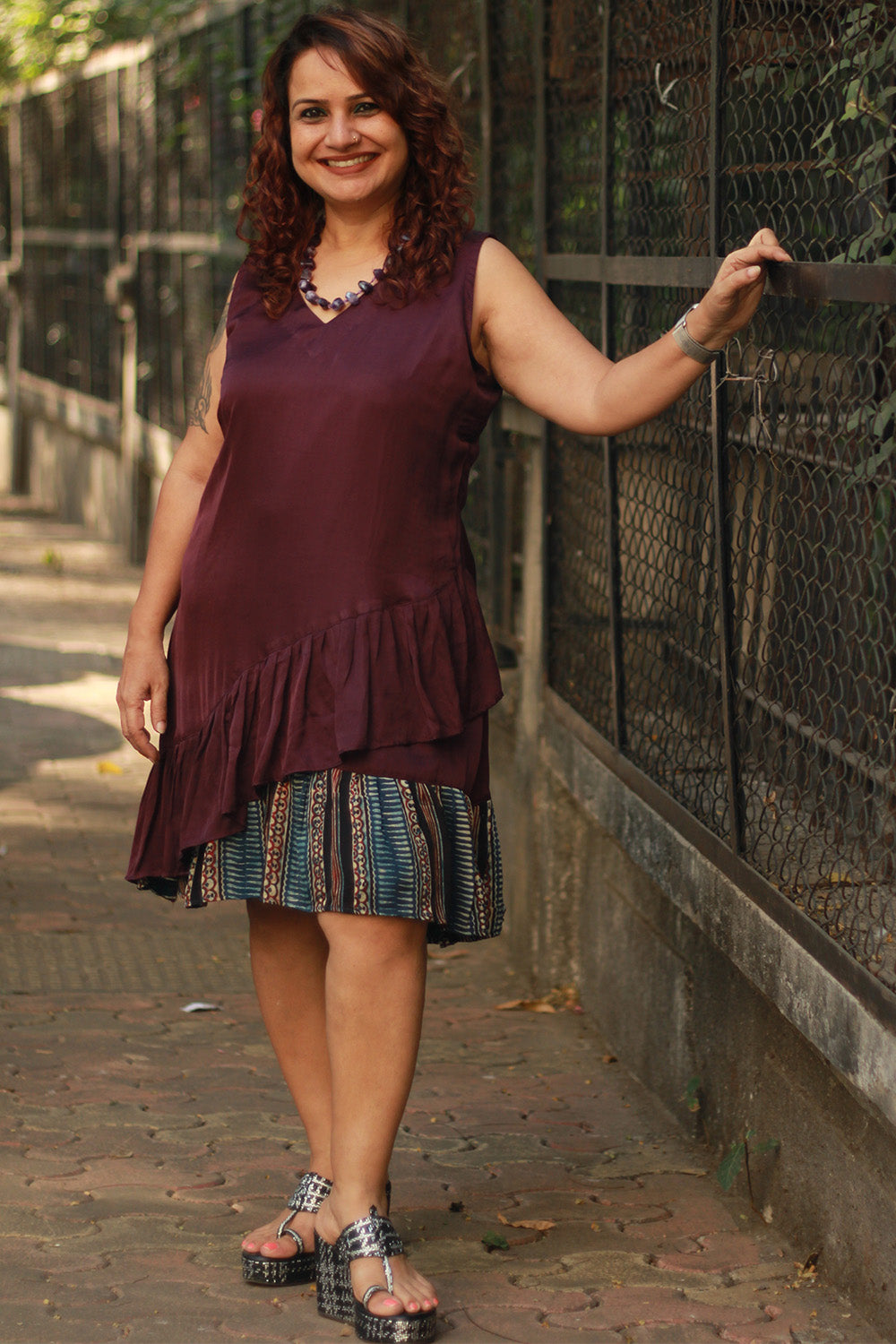 Manchali | Modal Frilled Dress | Shiraz & Striped Ajrakh