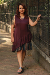 Manchali | Modal Frilled Dress | Wine with Striped Ajrakh