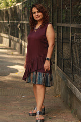 Manchali | Modal Frilled Dress | Wine with Striped Ajrakh