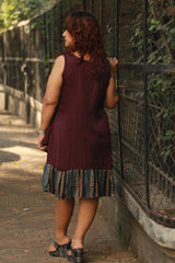 Manchali | Modal Frilled Dress | Wine with Striped Ajrakh