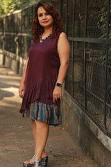 Manchali | Modal Frilled Dress | Wine with Striped Ajrakh