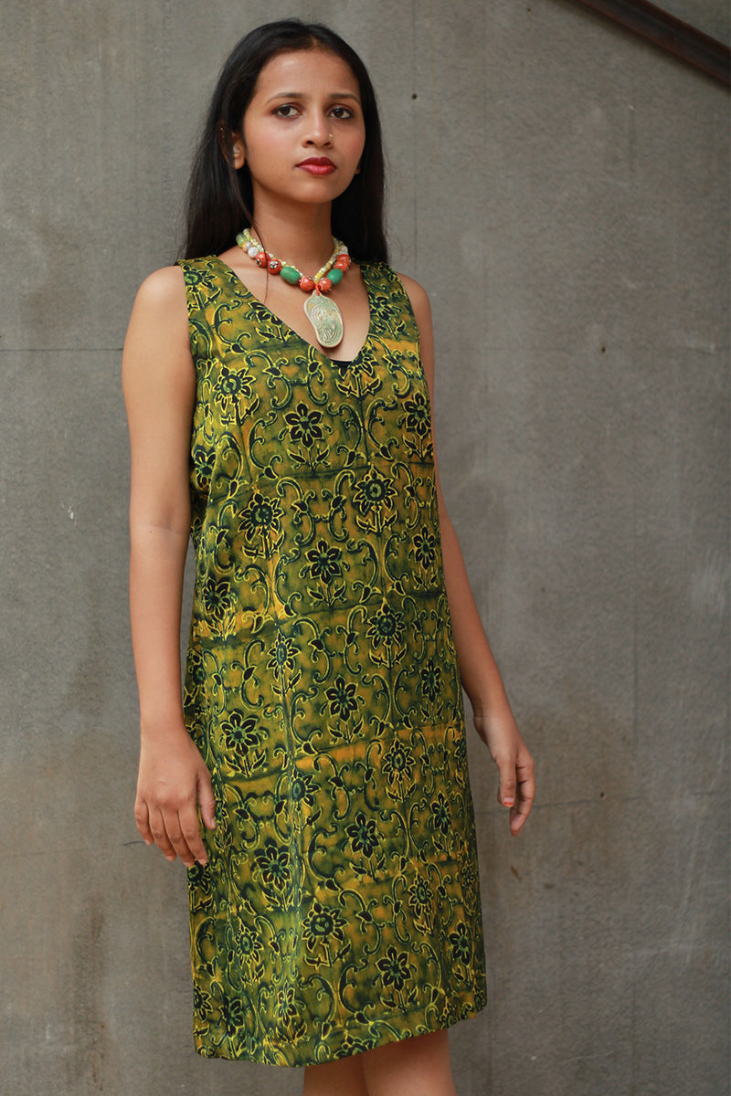 Noor | Sleeveless Modal Dress | Green Floral Ajrakh
