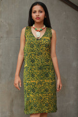 Noor | Sleeveless Modal Dress | Green Floral Ajrakh