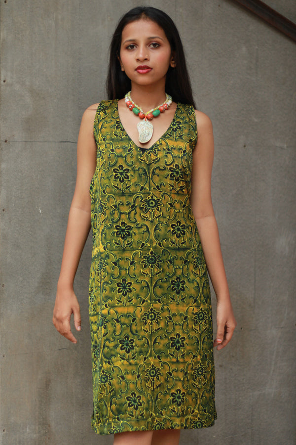 Noor | Sleeveless Modal Dress | Green Floral Ajrakh