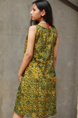 Noor | Sleeveless Modal Dress | Green Floral Ajrakh