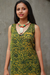 Noor | Sleeveless Modal Dress | Green Floral Ajrakh