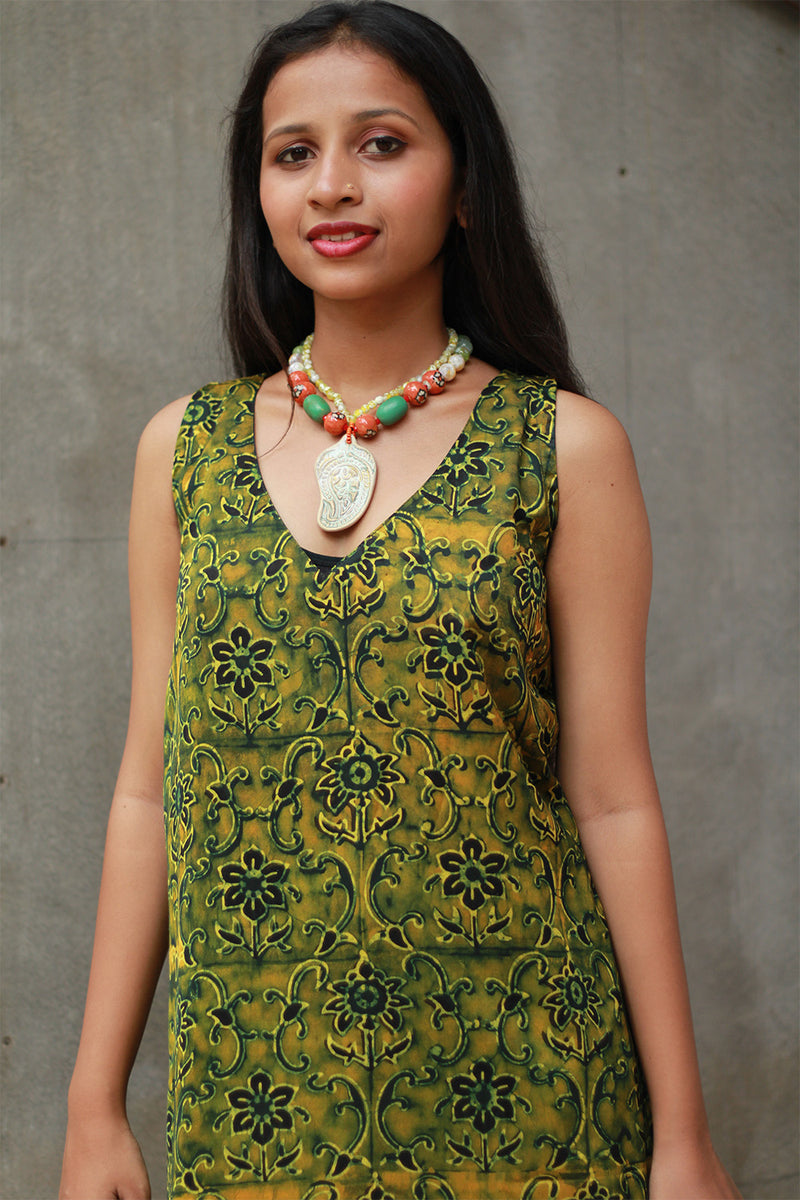 Noor | Sleeveless Modal Dress | Green Floral Ajrakh