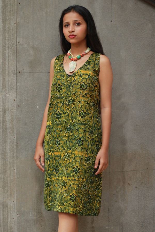 Noor | Sleeveless Modal Dress | Green Floral Ajrakh