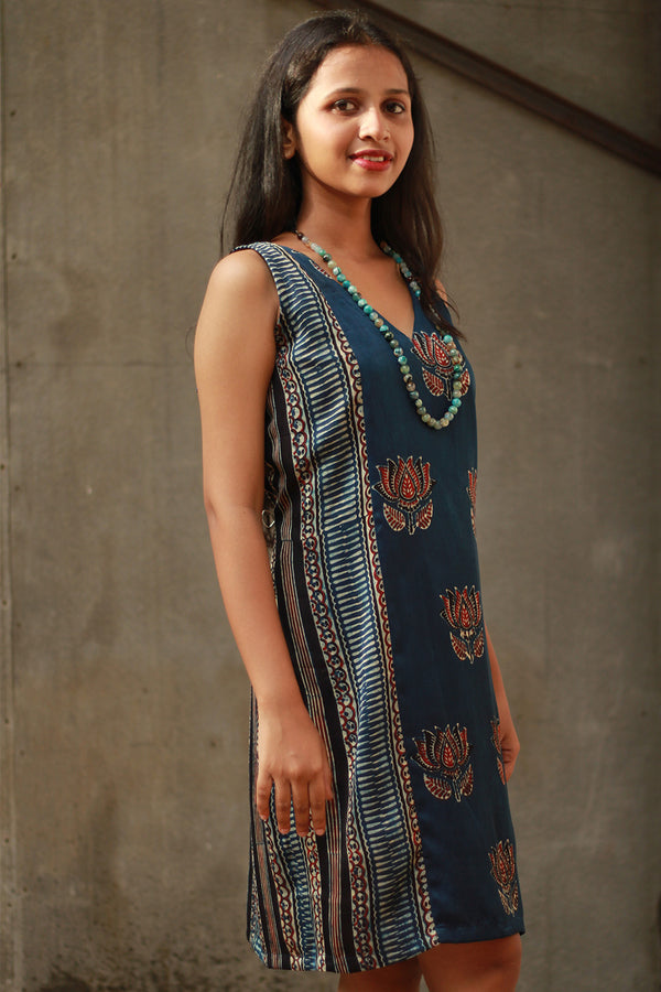 Noor | Sleeveless Modal Dress | Navy Lotus with Stripes Ajrakh