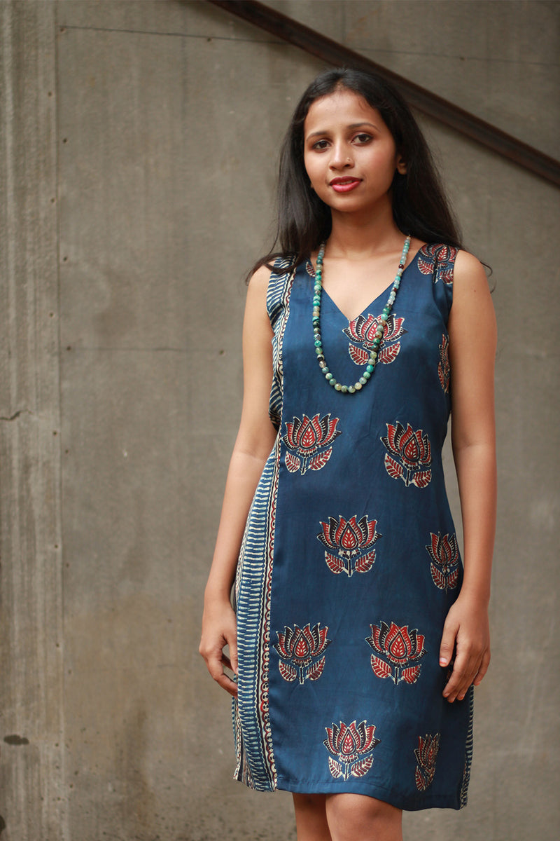Noor | Sleeveless Modal Dress | Navy Lotus with Stripes Ajrakh