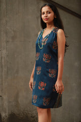 Noor | Sleeveless Modal Dress | Navy Lotus with Stripes Ajrakh