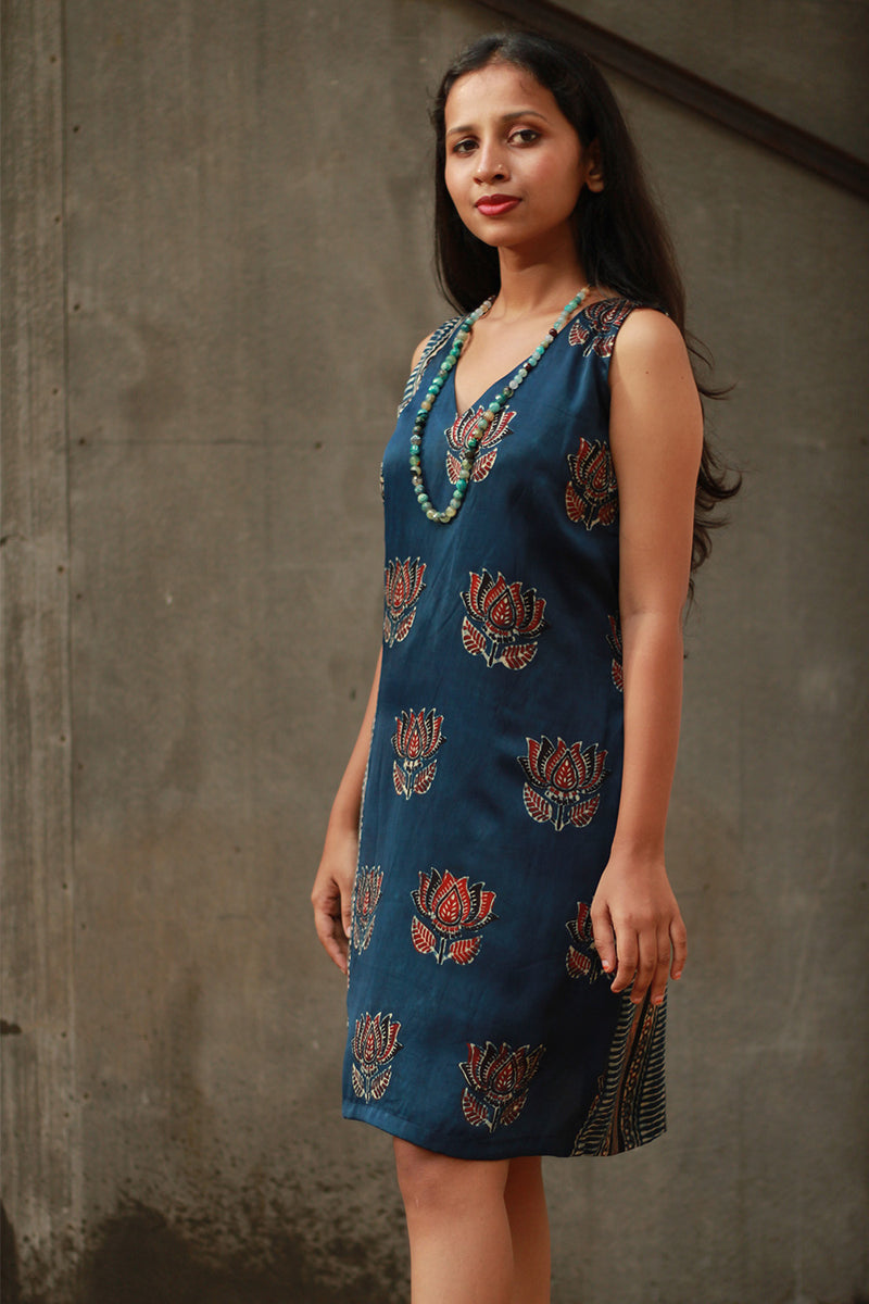 Noor | Sleeveless Modal Dress | Navy Lotus with Stripes Ajrakh