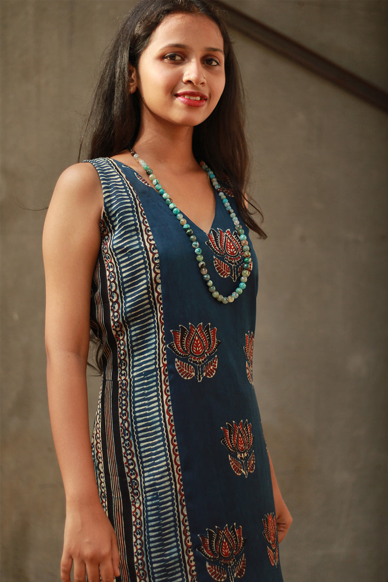 Noor | Sleeveless Modal Dress | Navy Lotus with Stripes Ajrakh